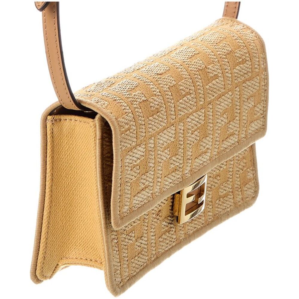 Fendi Baguette Ff Jacquard Raffia & Leather Wallet On Chain, Beige - Picture 3 of 4